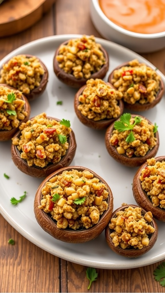 Savory vegan stuffed mushrooms on a rustic plate, garnished with parsley.